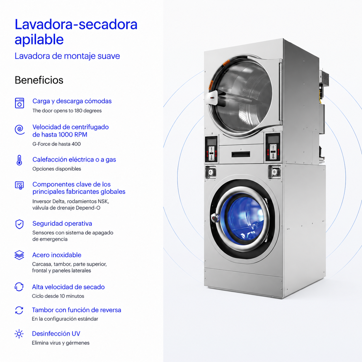 Torre Lavadora 13 kg + Secadora de 13 kg para Lavandería Autoservicio